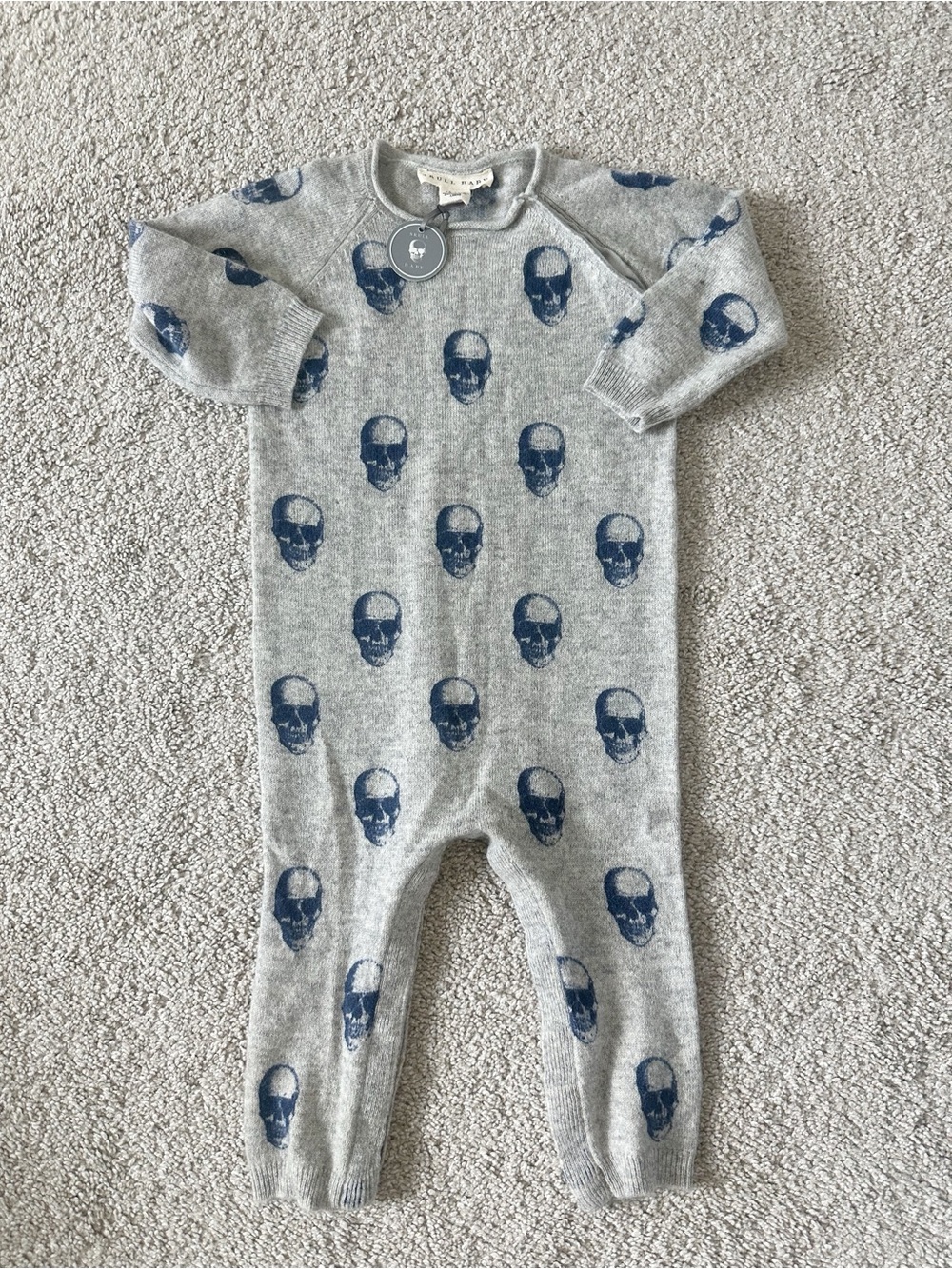 NWT Skull Cashmere Baby Romper Grey 100% Cashmere Halloween Sz 18-24 Months